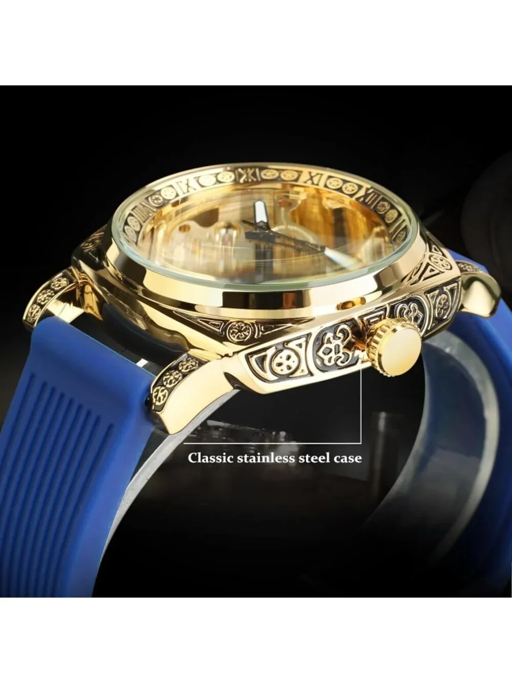 Men's Blue Gold Square Mechanical Rubber Strap Self-Wind Carved Automatic Watch